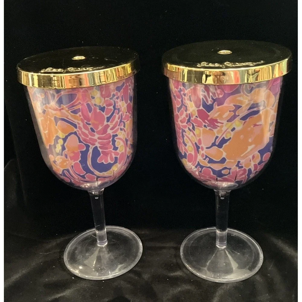 Lilly Pulitzer Sip Sip Cup Catch & Release Acrylic Beach Pool Wine Glass Set (2)